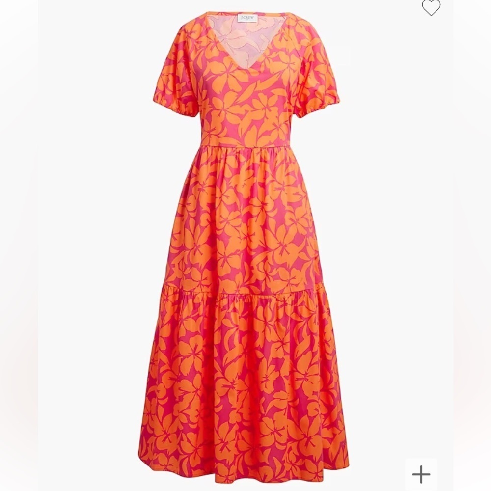 J.CREW Cotton Midi Dress Puff sleeves Foral Orange Size 8